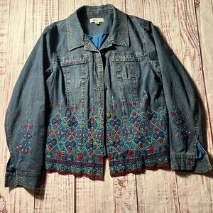 Coldwater Creek Blue Embroidered Jean Jacket with blue lining.